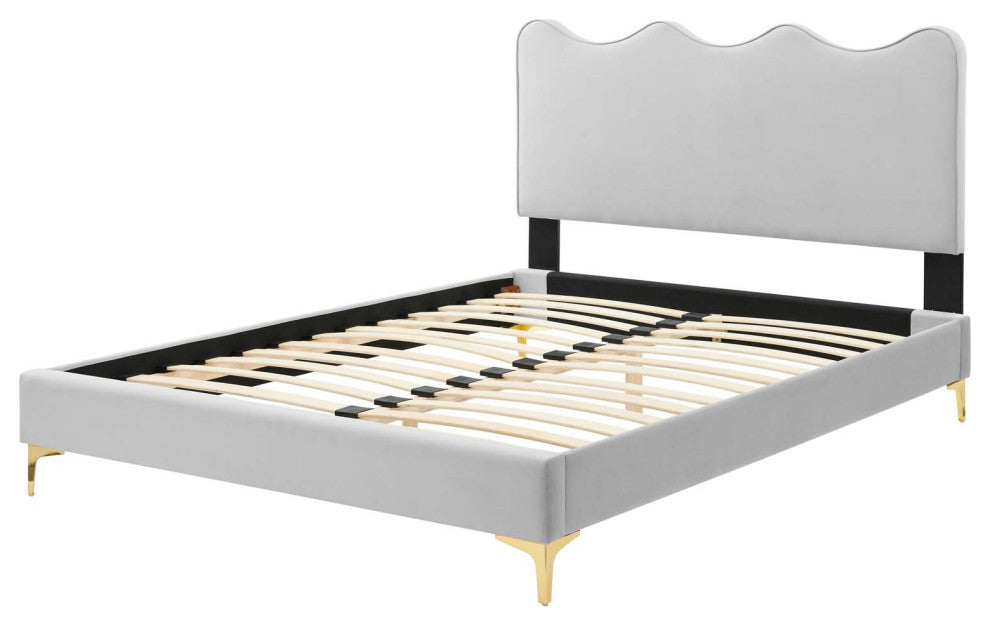 Platform Bed Frame, King Size, Gray, Velvet, Modern, Bedroom Guest Suite