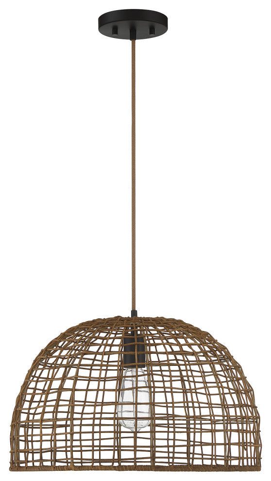1-Light Pendant, Black With Natural Brass Accents, Dark Rattan
