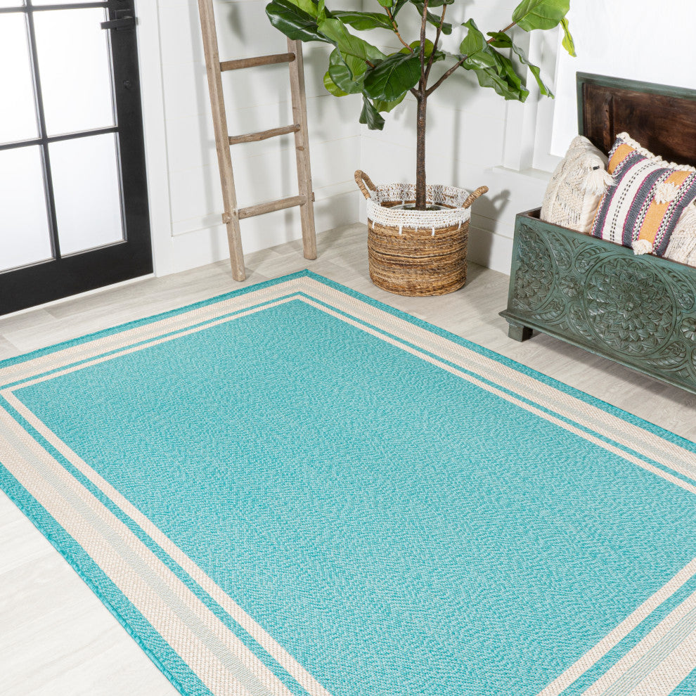 James Modern Border Stripe Indoor/Outdoor Area Rug, Aqua/Beige, 8x10