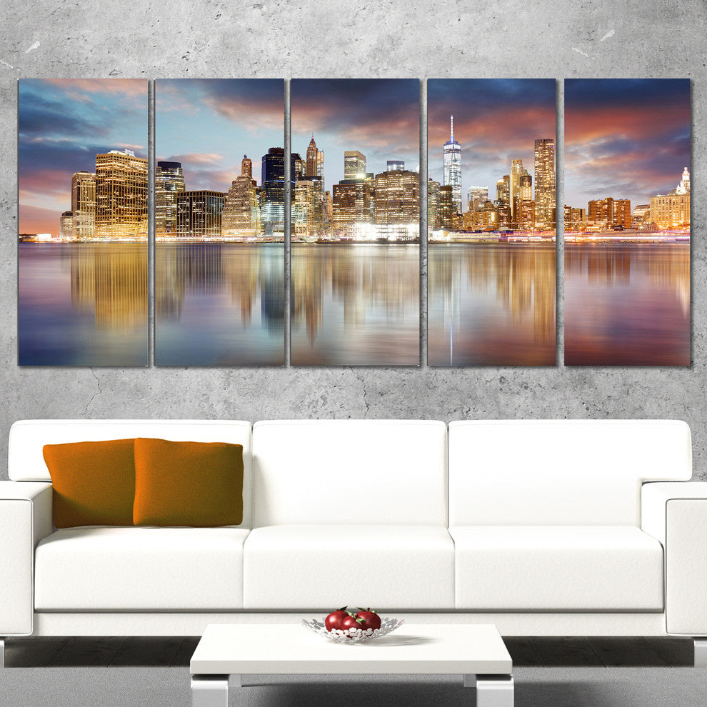 "New York Skyline at Sunrise With Reflection" Art, 60"x28", 5-Panels