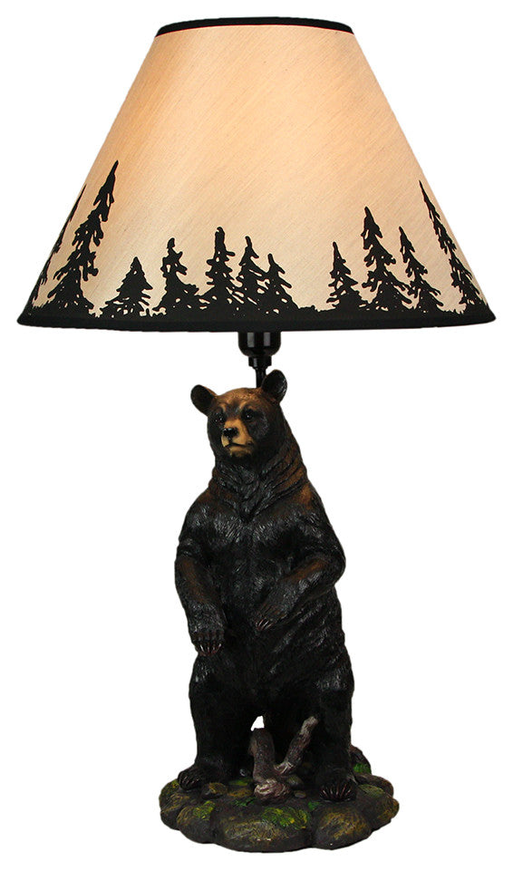 Standing Grizzly Bear Table Resin Lamp with Silhouette Forest Shade