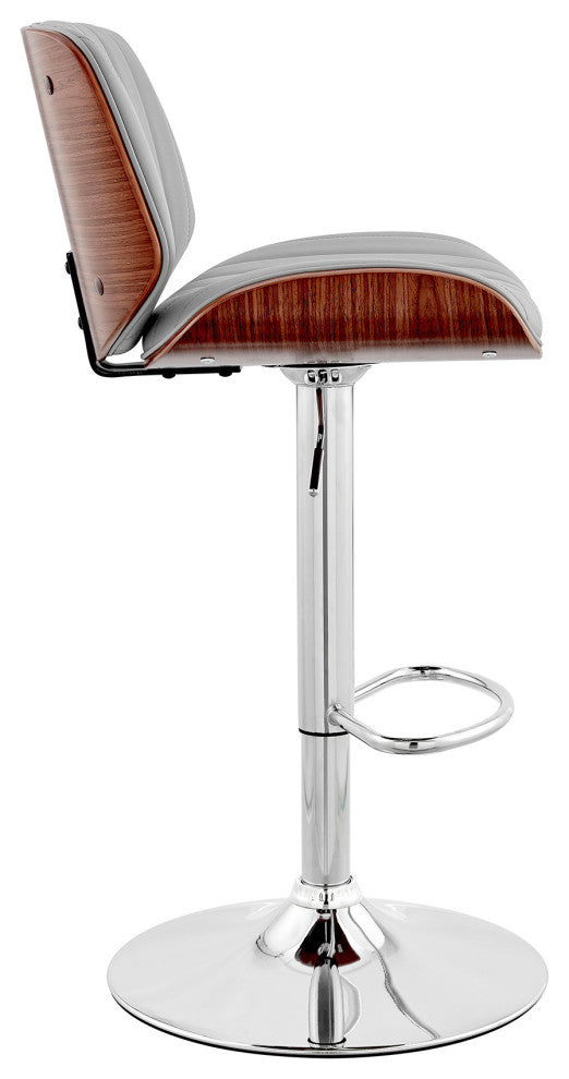 Adjustable Gray Faux Leather Chrome and Walnut Bar Stool