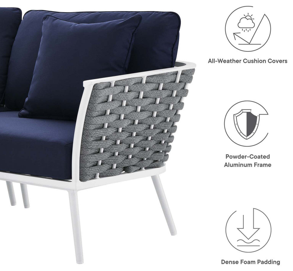 Lounge Sectional Sofa Chair Table Set, Navy White, Aluminum, Modern, Outdoor