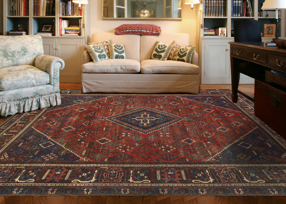 Fine Vintage Distressed Ulvelaik Red/Navy Rug, 10'7 x 14'1