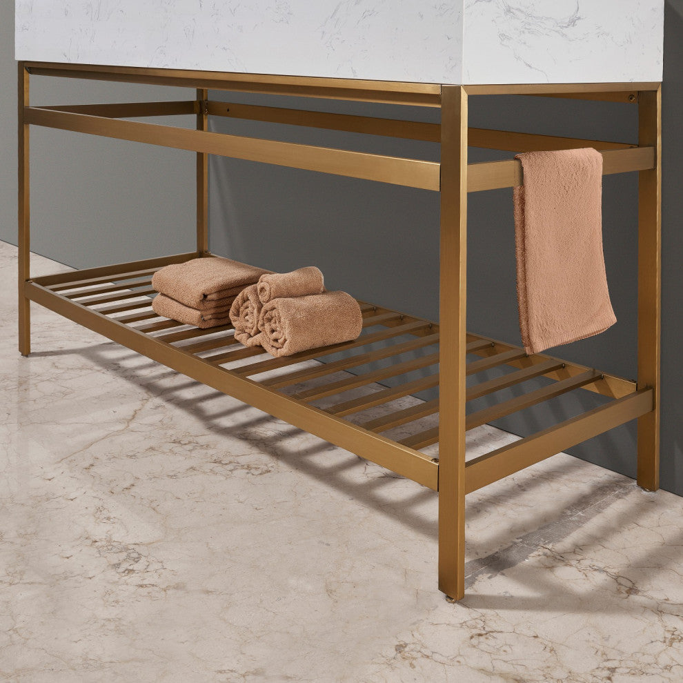 Merano Stainless Steel Vanity Console With Aosta White Stone Countertop, Brushed Gold, 60", No Mirror