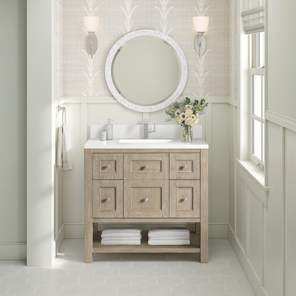 Breckenridge 36" Single Vanity, Oak, 1-Hole 3CM White Zeus Top, Backsplash