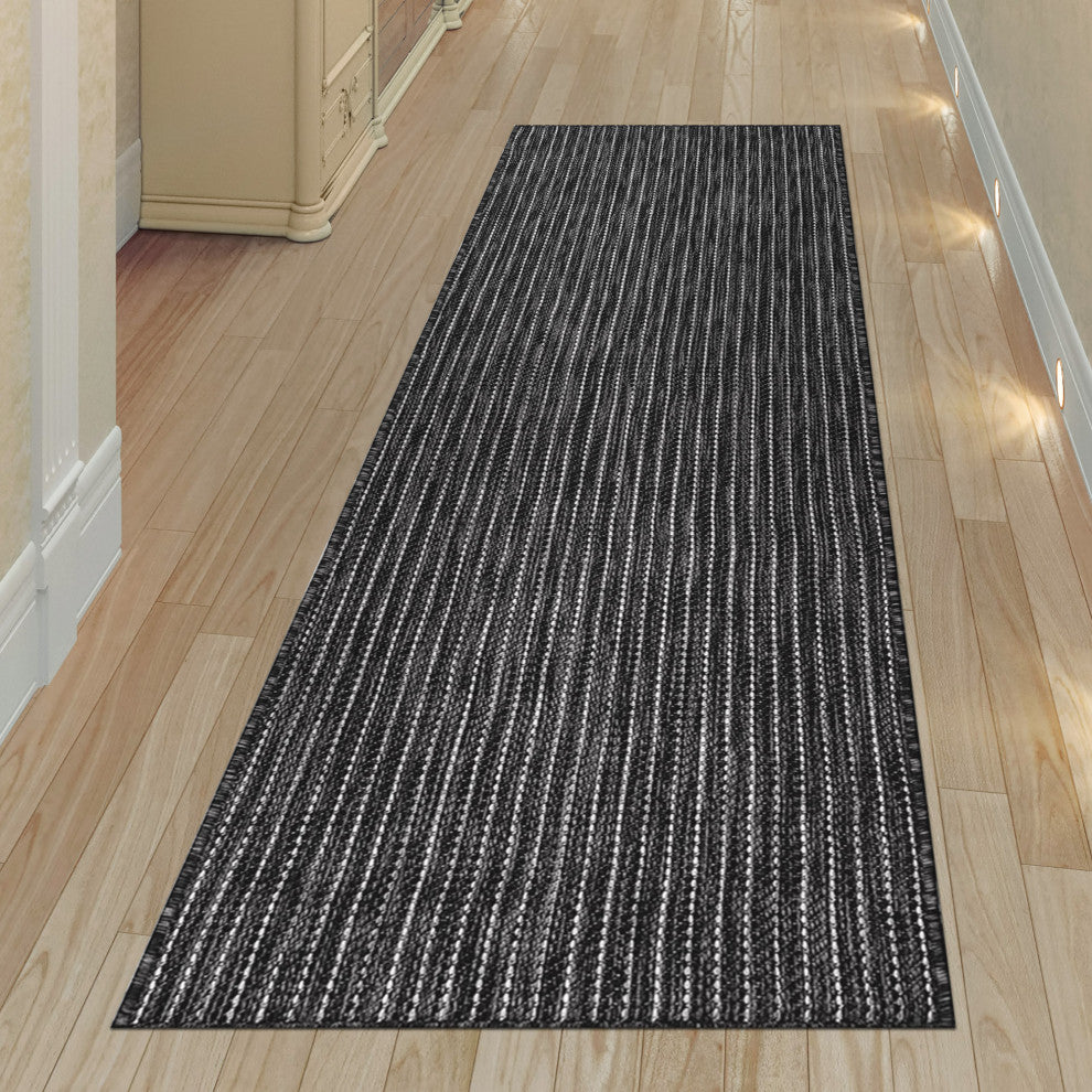 Carmel Texture Stripe Indoor/Outdoor Rug, Black, 1'11"x4'11" Runner