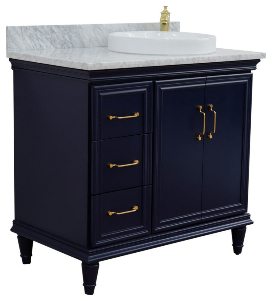 37" Single Vanity, Blue Finish With White Carrara