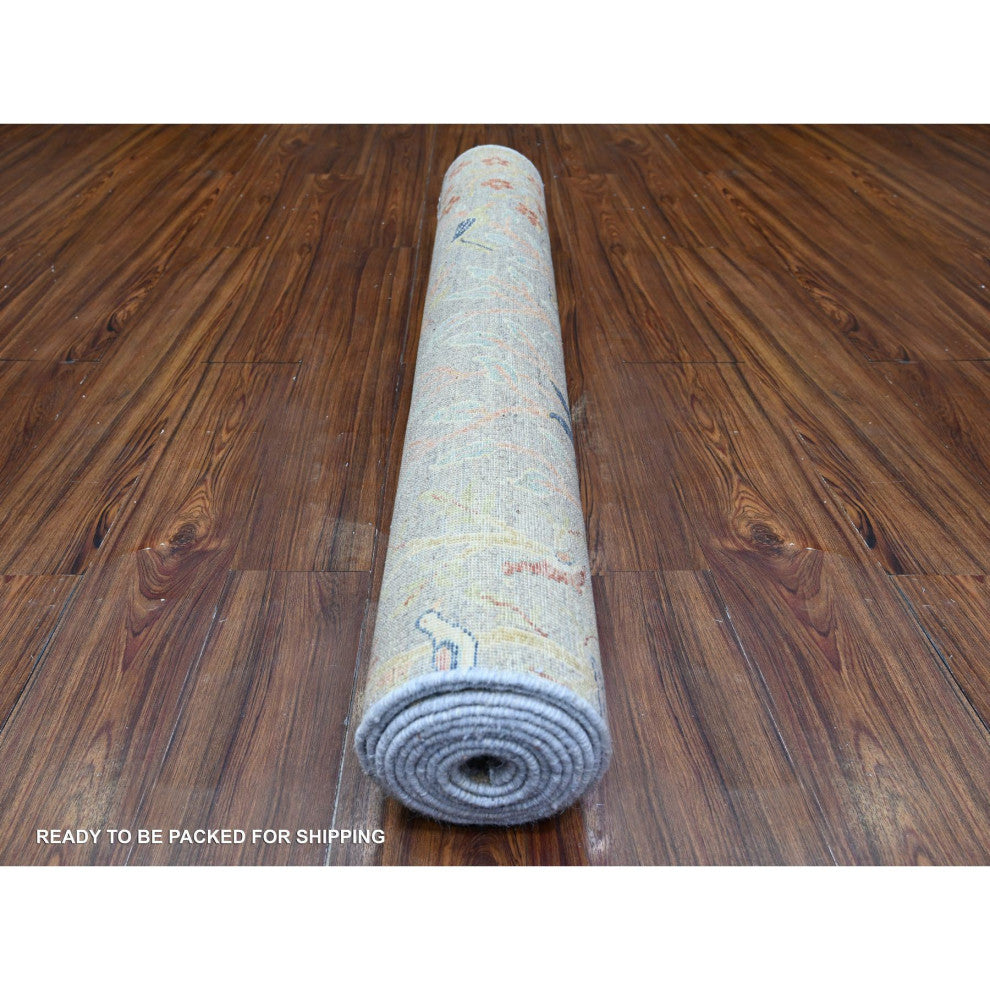 Berry Blue Birds Paradise Peshawar Wool Hand Knotted Wide Runner Rug 4'1"x11'10"