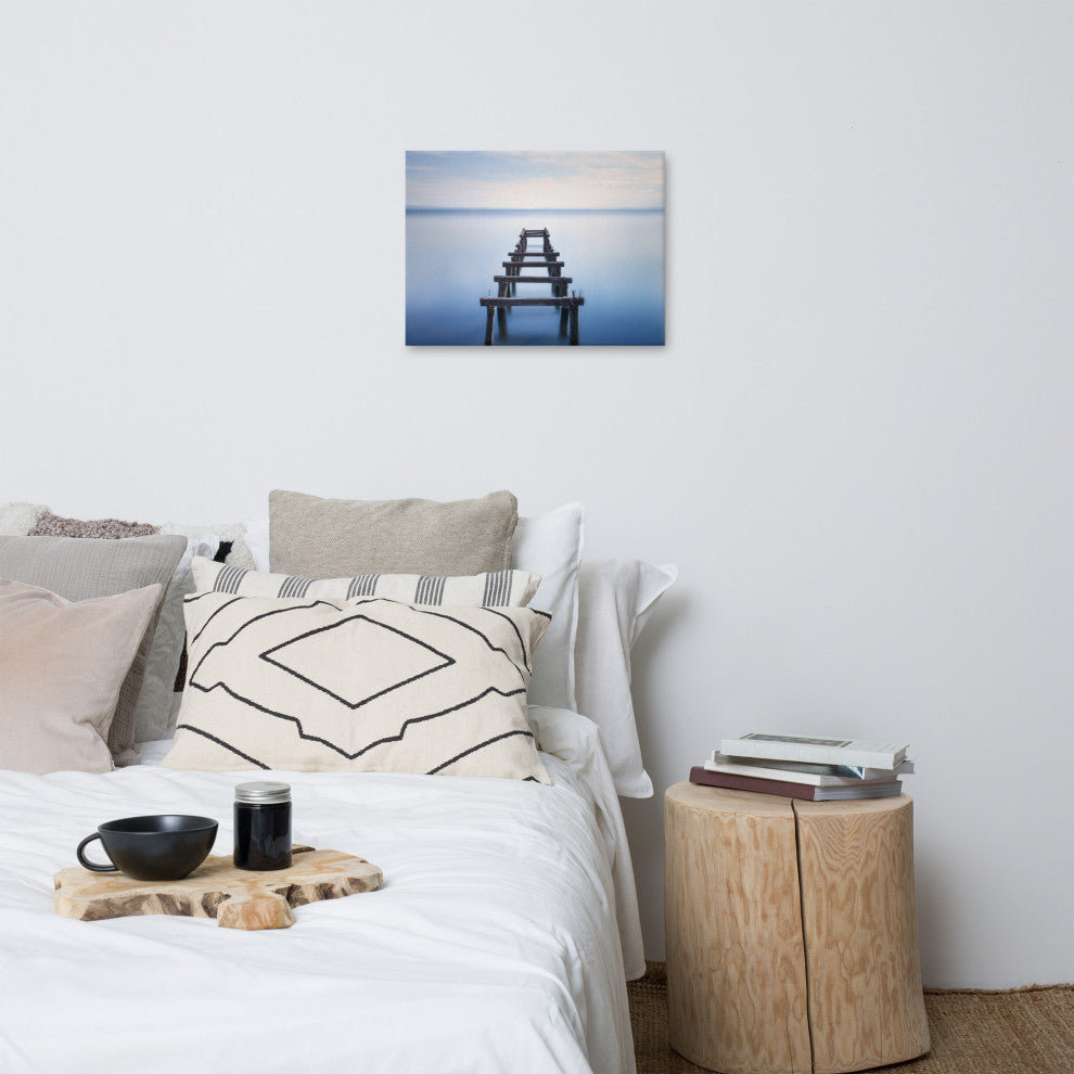 Soft Blue Lake and Abandoned Pier Coastal Landscape Photo Canvas Wall Art Print, 18" X 24"