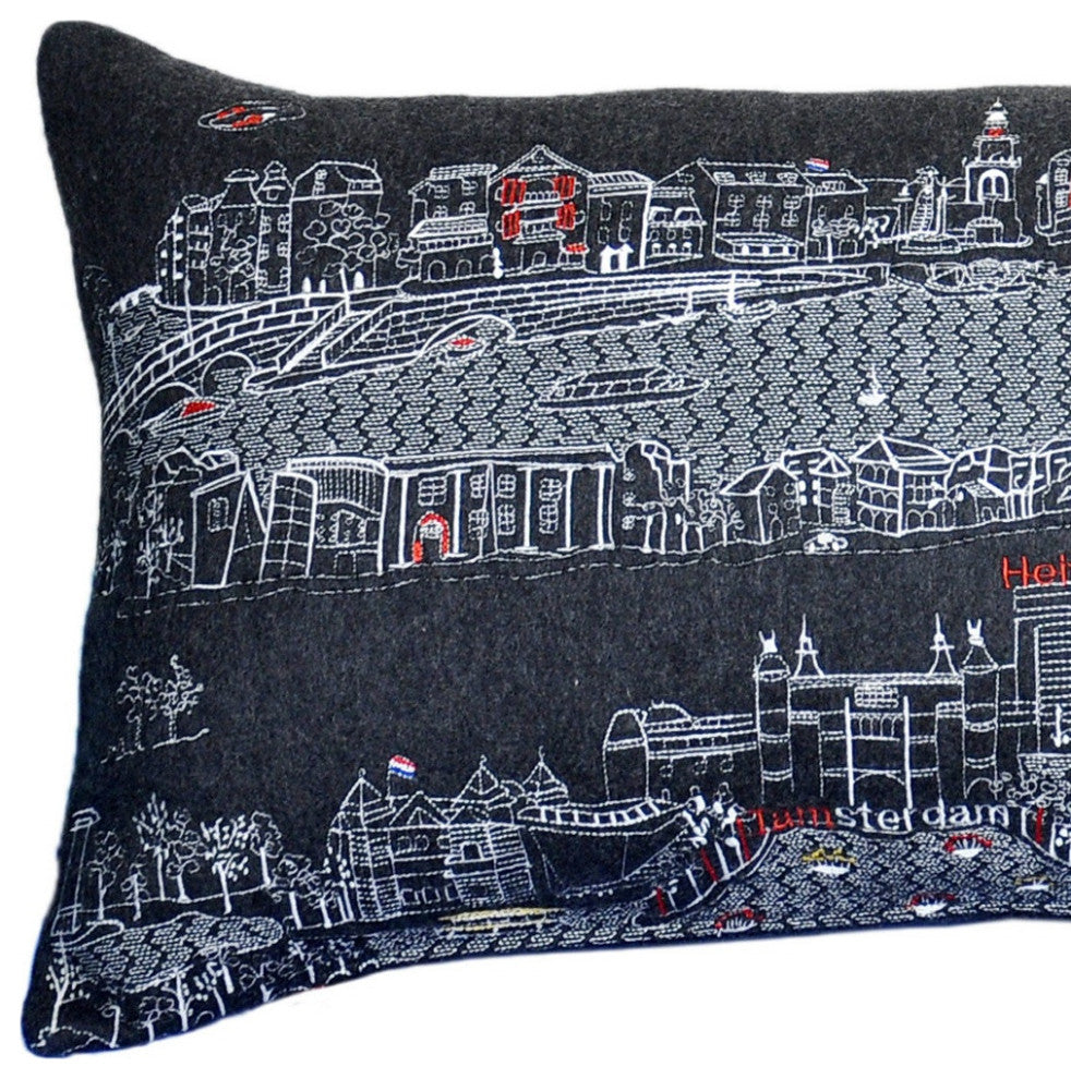 35" Black Amsterdam Nighttime Skyline Lumbar Decorative Pillow