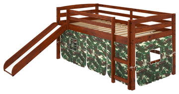 Brown Wooden Camo Tent Low Loft Bed With Slide