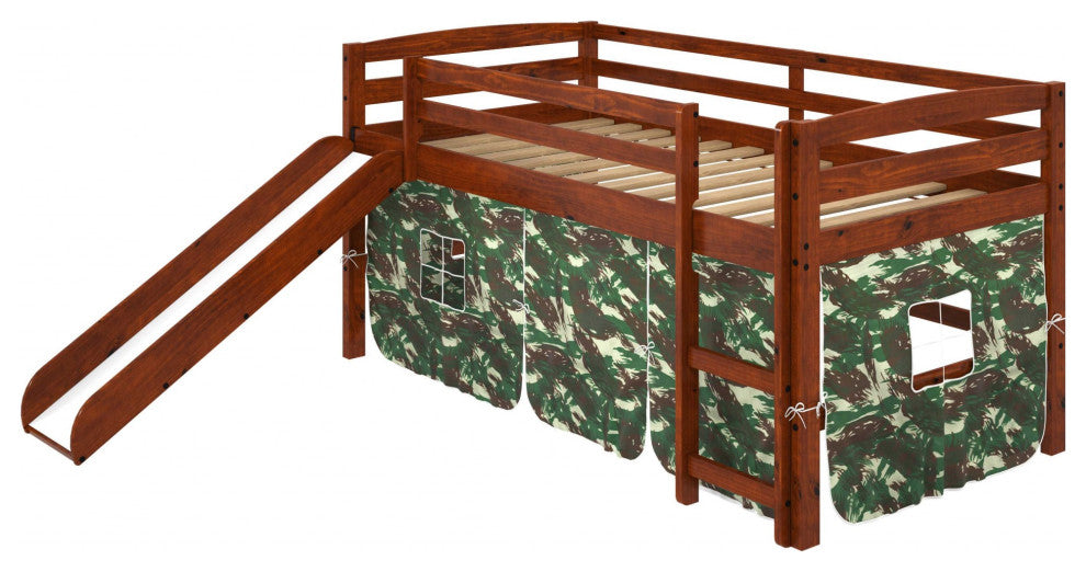 Brown Wooden Camo Tent Low Loft Bed With Slide
