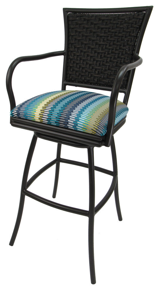 Set of 3, Outdoor/Indoor Swivel Bar Stools Erin, Aqua Sun Stripe on Black, 30"