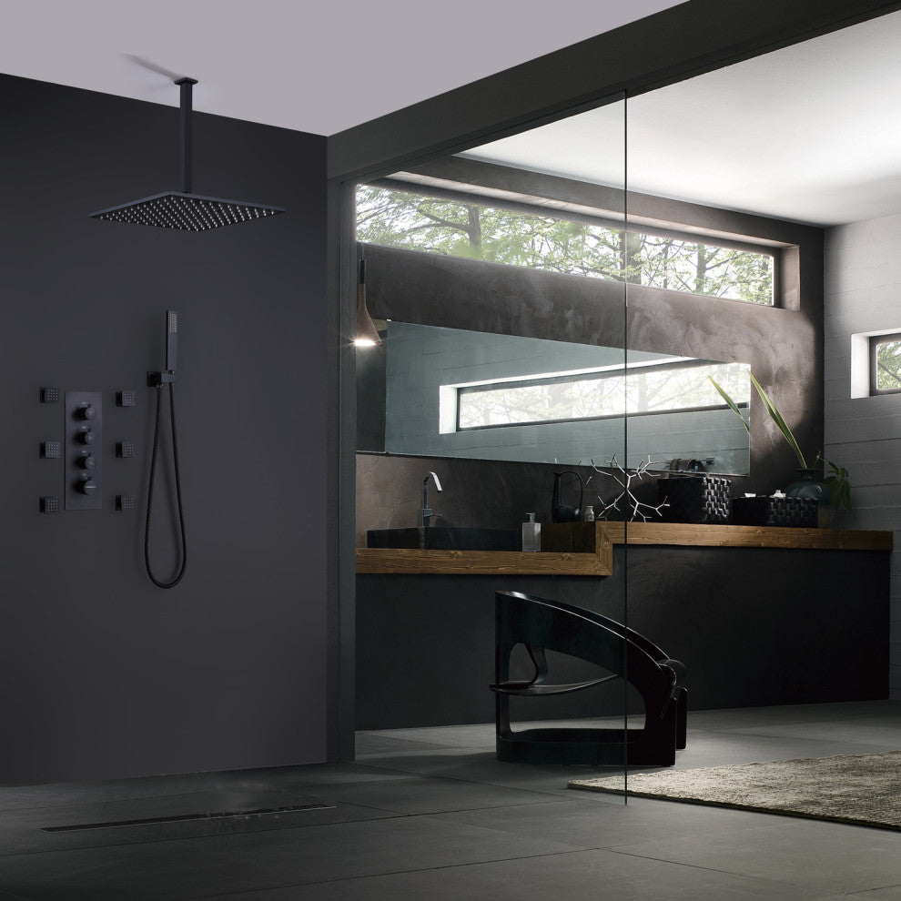 Luxury Thermostatic Shower System with 6 Body Jets & Handheld Shower, Matte Black