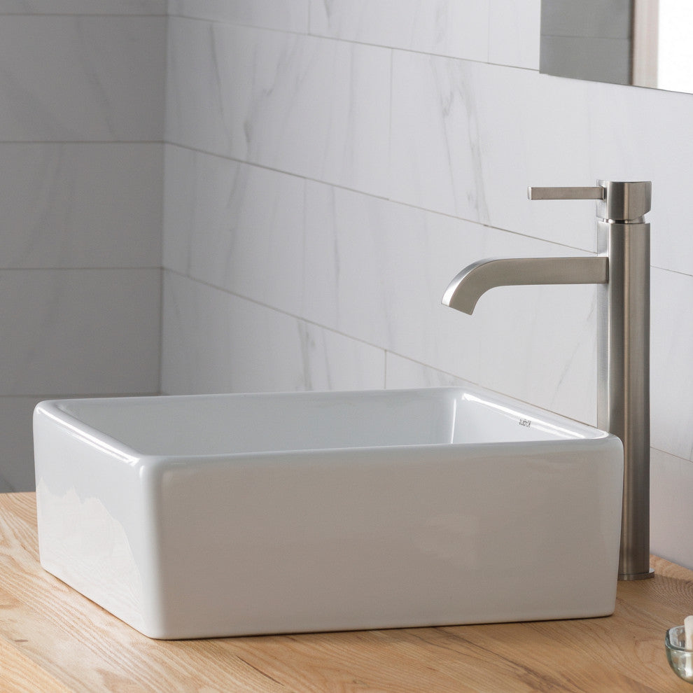 Elavo Square Ceramic Vessel Sink, Bathroom Ramus Faucet, PU Drain, Nickel