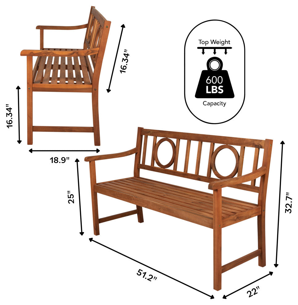 Apollo 51.2" 3-Seat Circle-Back Acacia Wood Outdoor Garden Patio Bench, Teak