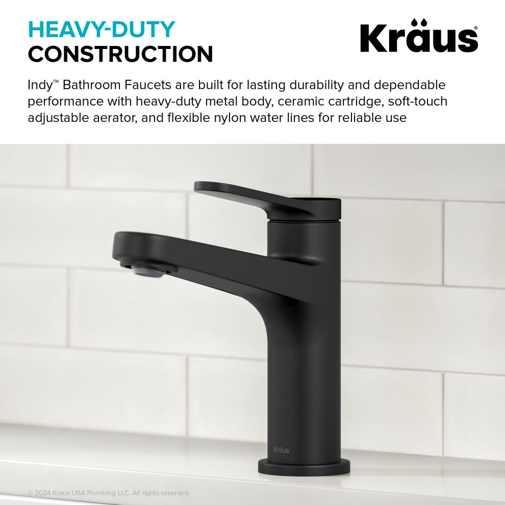 KRAUS Indy Single Handle Basin Bathroom Faucet Matte Black, Pop Up Drain