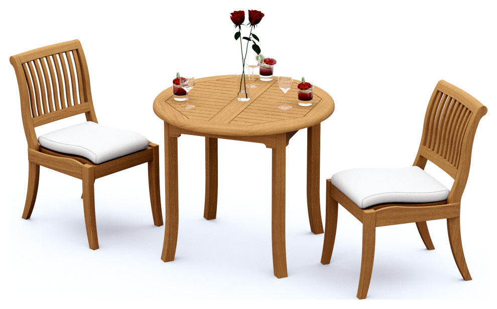 3-Piece Outdoor Teak Dining Set: 36" Round Table, 2 Arbor Armless Stacking Chair