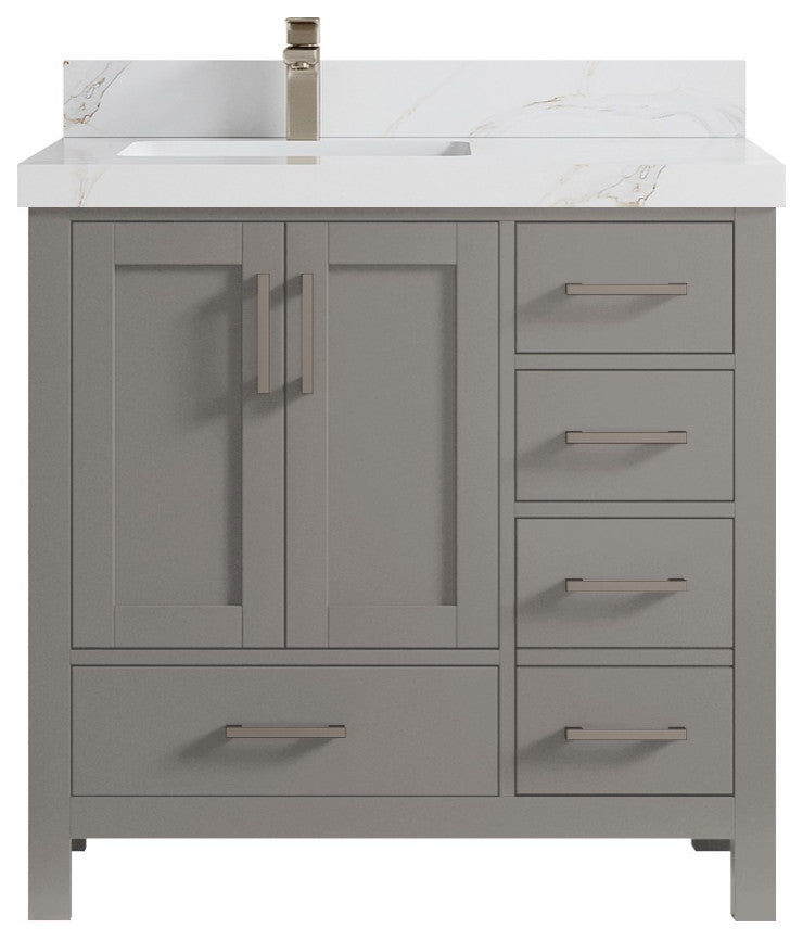 Malibu 36 Left Offset Bath Vanity in Elephant Skin Gray 2" Calacatta Sienna