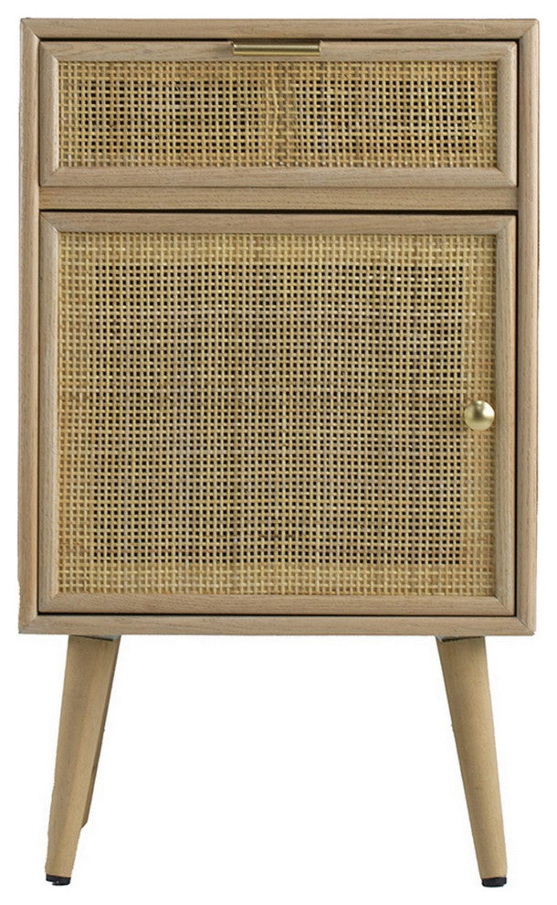 Benzara BM285208 Accent Cabinet, 1 Drawer, Pine, Woven Rattan Design, Natural