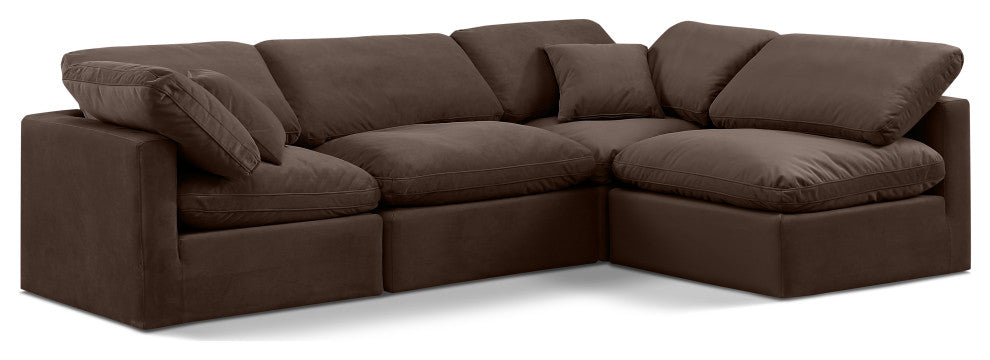 Indulge Upholstered Modular L-Shaped Sectional, Brown, 4-Piece: 2 Armless Chair, 2 Corner Chair, Down Stuffed Velvet