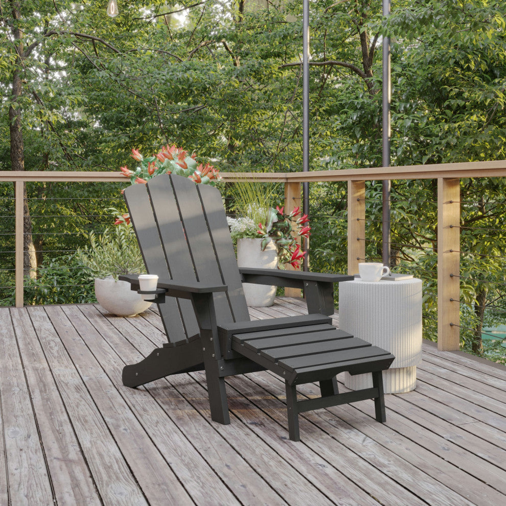 Newport HDPE Adirondack Chair with Cup Holder and Pull Out Ottoman, Gray