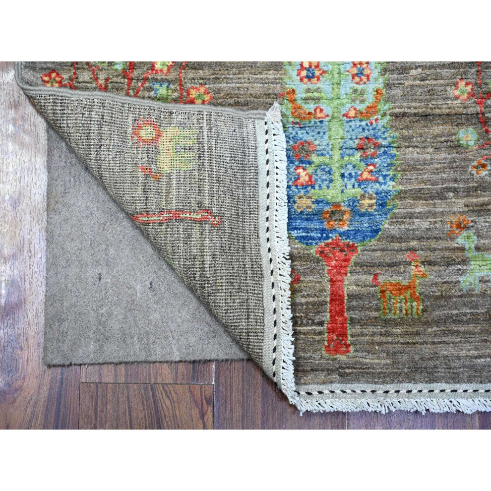 Echo Gray Wool Hand Knotted Folk Art Willow Cypress Tree Design Rug  2'5"x11'2"