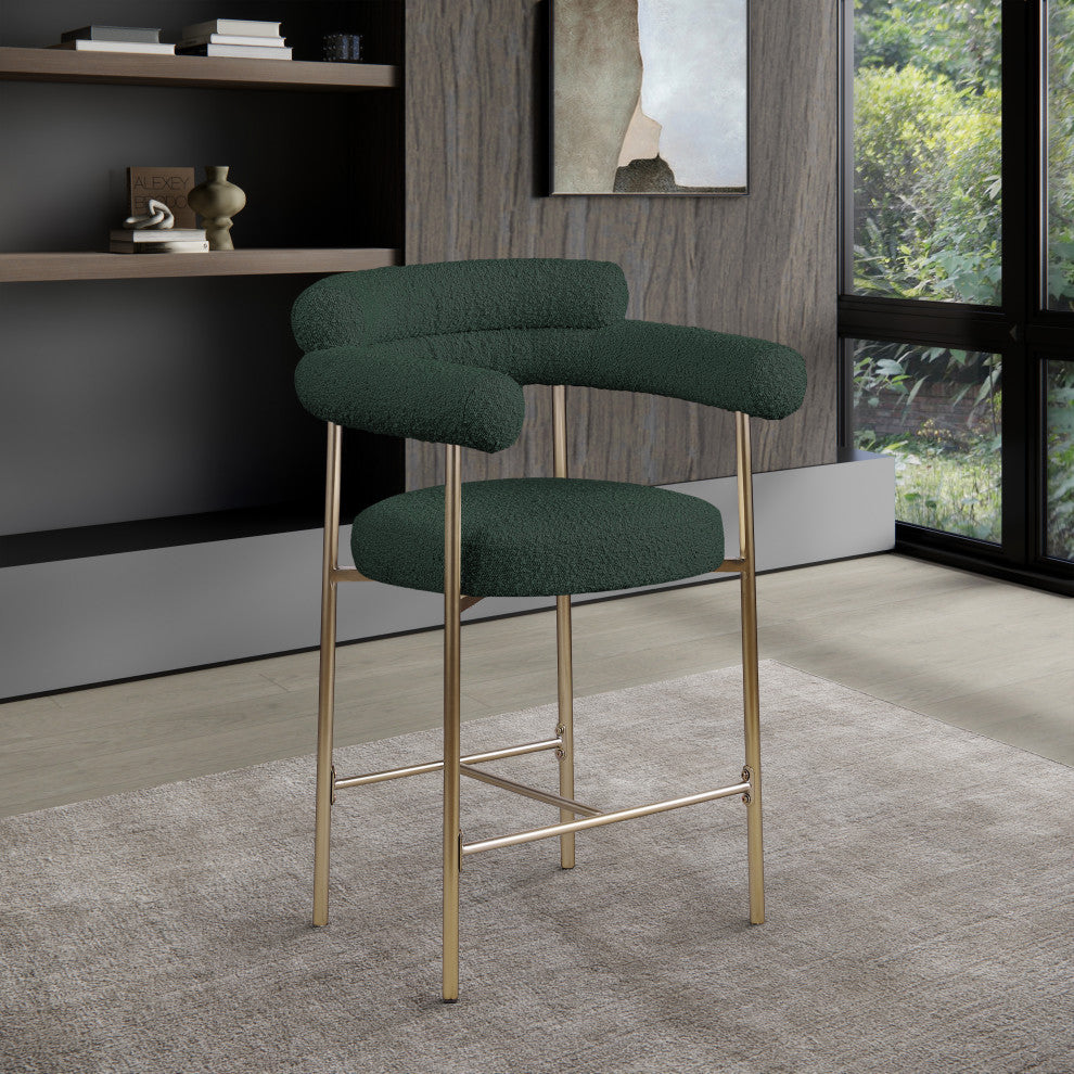 Blake Boucle Fabric Upholstered Counter Stool, Set of 2, Green, Brushed Finish