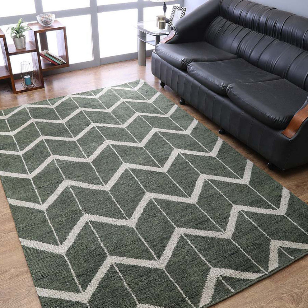 Hand Knotted Wool Area Rug Geometric Green Beige