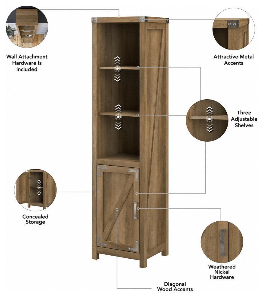 kathy ireland Home Cottage Grove Narrow Bookcase With Door, Reclaimed Pine