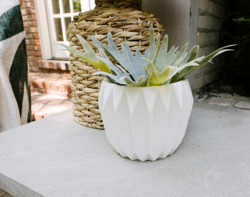 Round Gray Fluted Ceramic Flower Pot, White