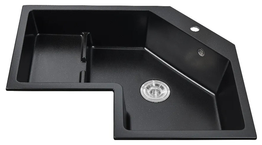 32" Modern Black Drop In Corner Kitchen Sink Single Bowl Quartz Irregular, Left Corner