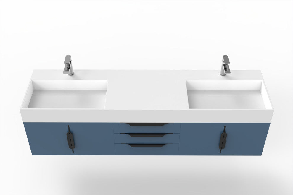 CastelloUSA Amazon 72" Wall Mounted Vanity Set, Blue, White Top, Black Handles