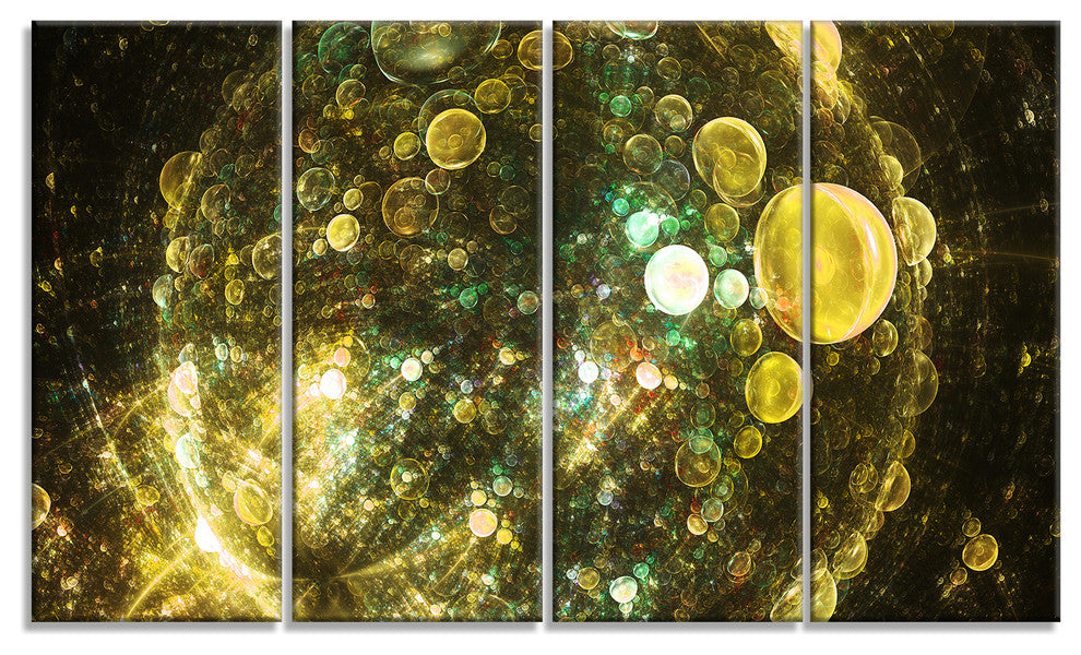 Yellow Spherical Planet Bubbles, Abstract Canvas Art Print, 48"x28", 4 Panels