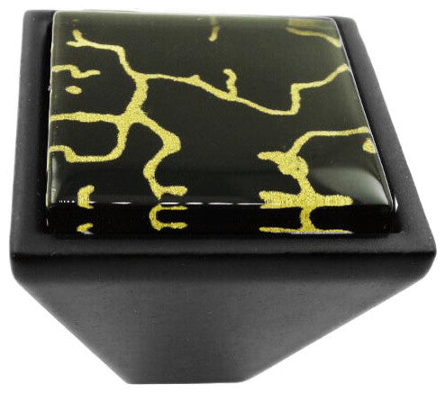 Hand Painted Abstract Golden Curls Crystal Glass Black Metal Square Frustum Knob