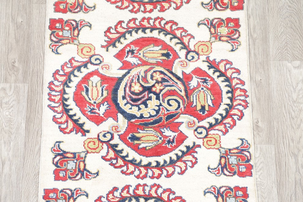 Hand Made Oriental Pakistani Traditional Kazak Runner Rug, Beige, 9'7"X2'10"