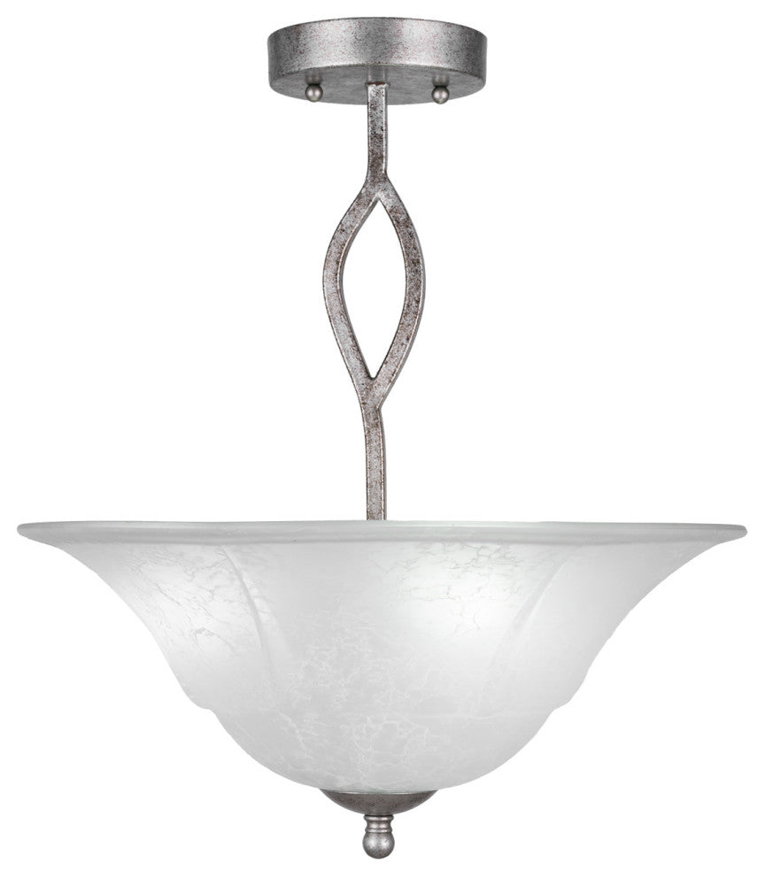 Revo Semi-Flush With 3 Bulbs, With 16" White Marble Glass, Aged Silver