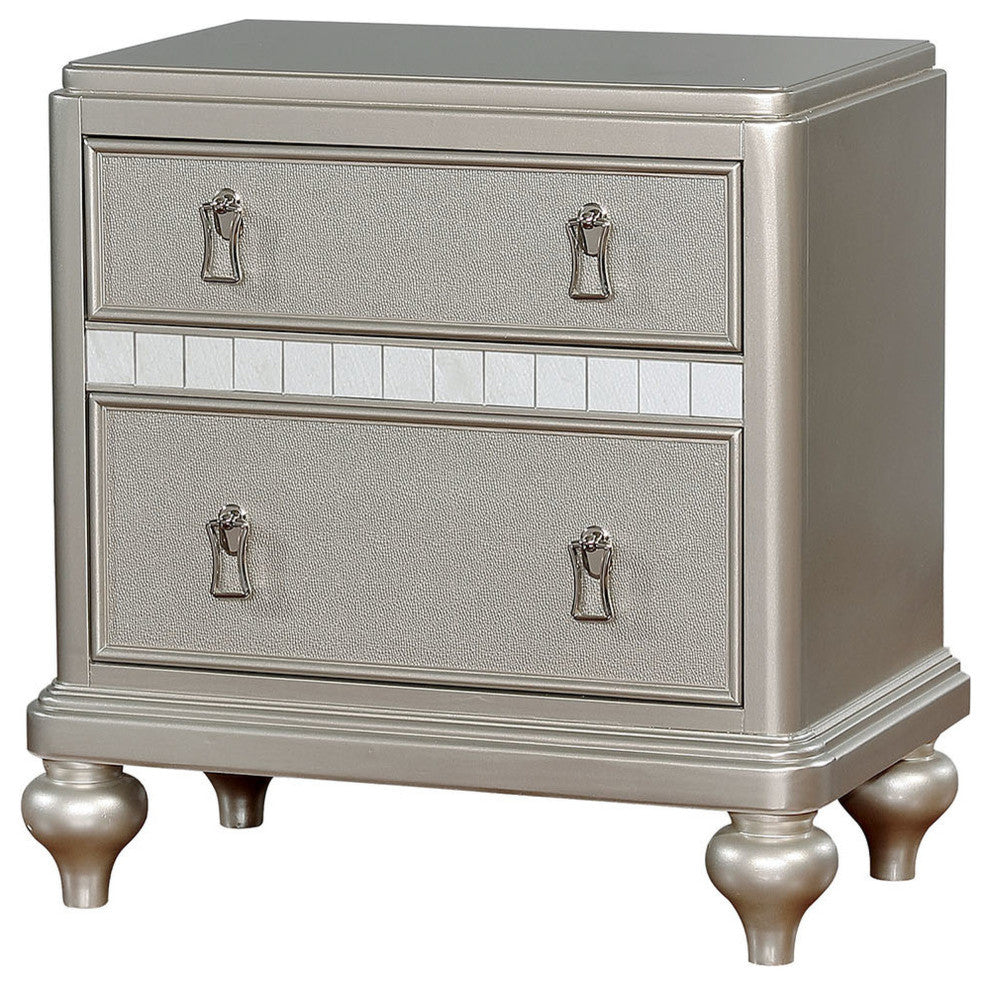 Contemporary Solid Wood Night Stand With Mirror Trim, Silver