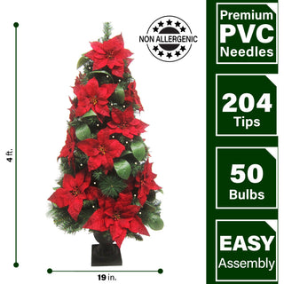 4' Pre Lit Christmas Porch Tree, Velvet Poinsettia and Leaf Accents, Set of 2