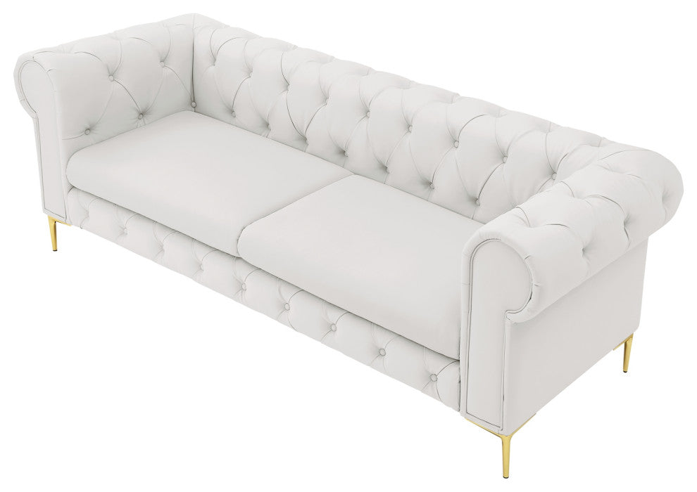 Nicole Miller Geraldine Sofa Button Tufted, 3 Seat, White Leather PU