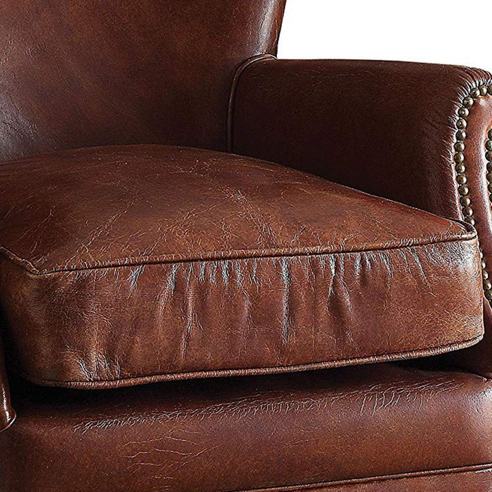 Benzara BM177728 Leather Upholstered Accent Chair With Nailhead Trim, Dark Brown