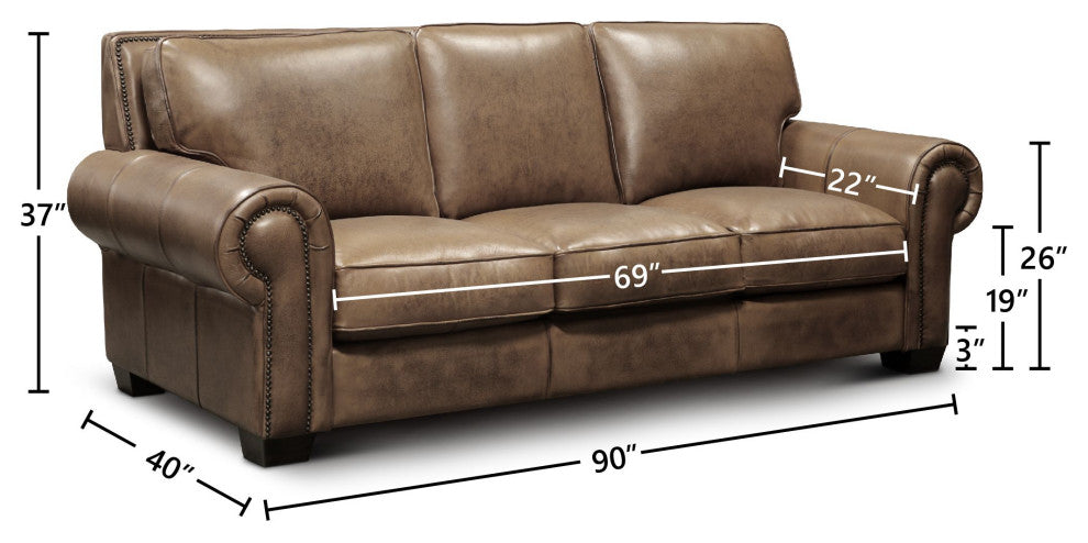 Valencia 100% Top Grain Hand Antiqued Leather Traditional Sofa, Taupe