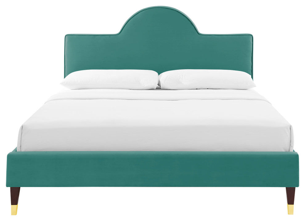 Platform Bed Frame, King Size, Teal Blue, Velvet, Modern, Bedroom Guest Suite