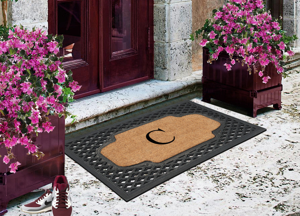 A1HC Mesh Border Rubber and Coir Monogrammed Doormat, 23"X38", Black, C