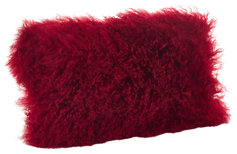 Mongolian Lamb Fur Poly Filled Throw Pillow, Red, 16"x16"