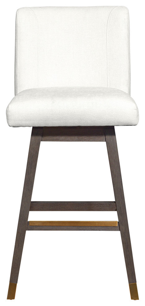 Basila Swivel Bar Stool in Grey Oak Wood Finish with Pearl Fabric