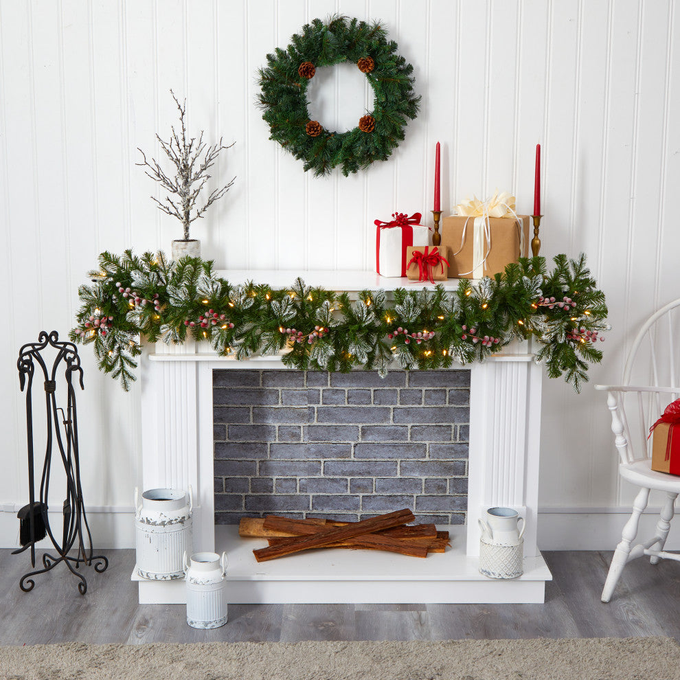 6' Snow Tipped Christmas Garland with 50 Warm White LED Lights and Berries