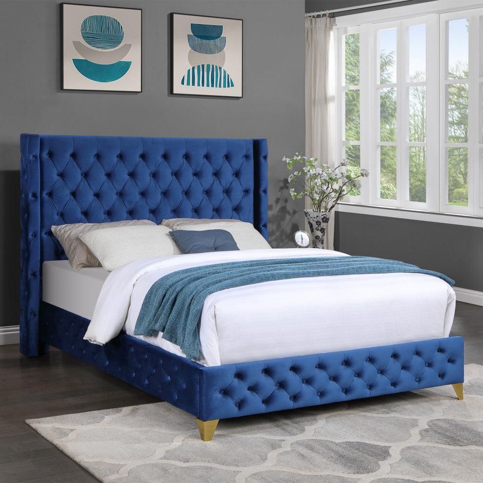 Yuen Button Tufted Velvet Platform Bed, Navy Blue, Eastern King