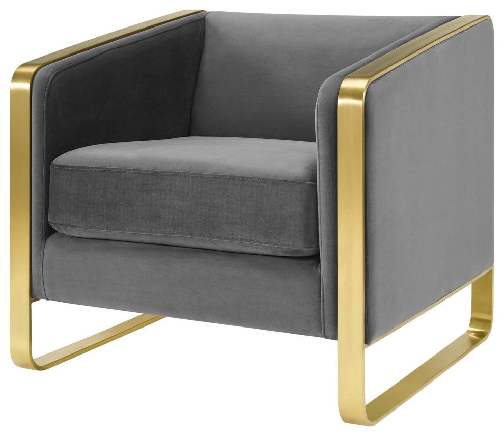 Lounge Accent Side Chair Armchair, Velvet Fabric Metal Steel, Grey Gray